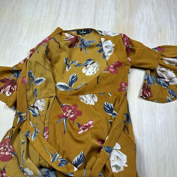Lulu's Love & Light Mustard Yellow Floral Print Midi Romantic Faux Wrap Dress XS - Picture 4 of 16